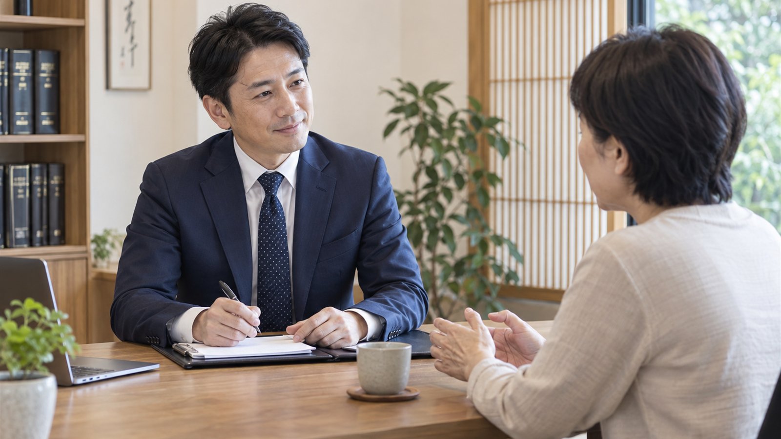行政書士事務所ホームページ案のトップビジュアル。相談室で行政書士が相談者の話を聴いている場面
